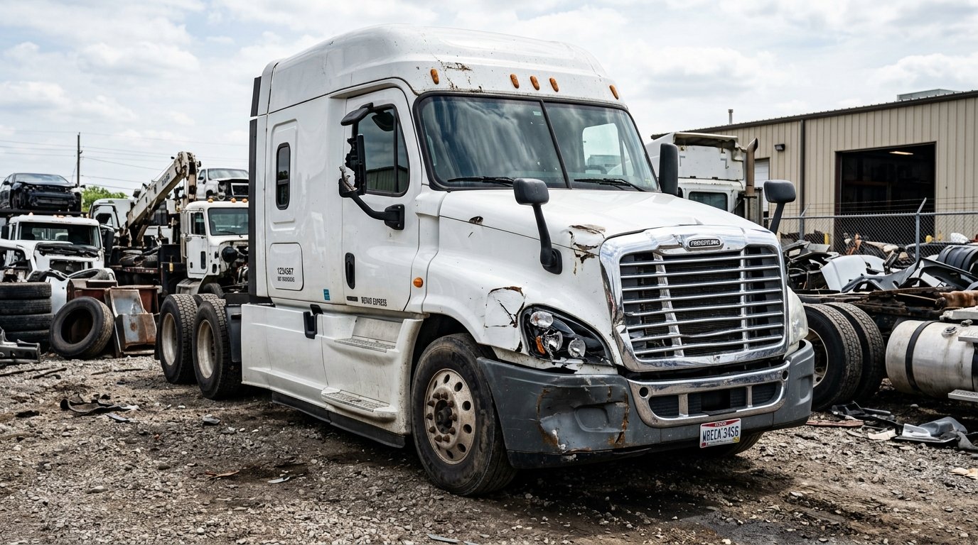 Damaged commercial truck parked in yard